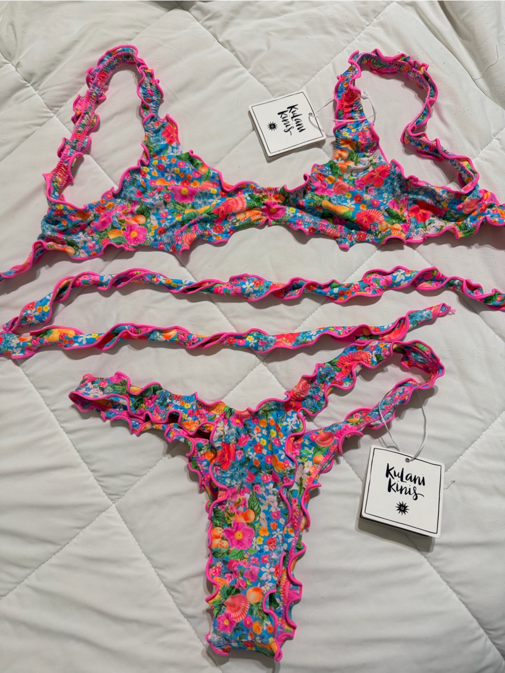 Kulani Kinis Bright Pink Floral Ruffle Bikini Set